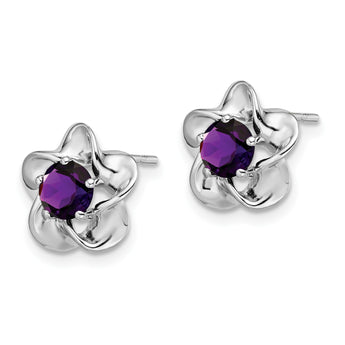 Sterling Silver Rhodium-Plated Amethyst Floral Earrings Polished Lightweight Design - Birthstone Company