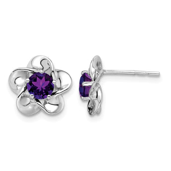 Sterling Silver Rhodium-Plated Amethyst Floral Earrings Polished Lightweight Design - Birthstone Company