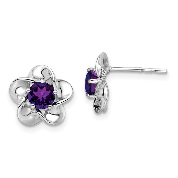 Sterling Silver Rhodium-Plated Amethyst Floral Earrings Polished Lightweight Design