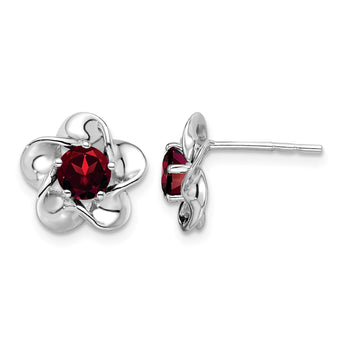 925 Sterling Silver Rhodium-Plated Garnet Floral Post Earrings Elegant, Natural Gemstone Design - Birthstone Company