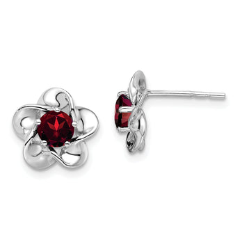 925 Sterling Silver Rhodium-Plated Garnet Floral Post Earrings Elegant, Natural Gemstone Design