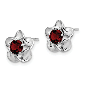 Sterling Silver Rhodium-Plated Ruby Floral Earrings Polished, Lightweight Design