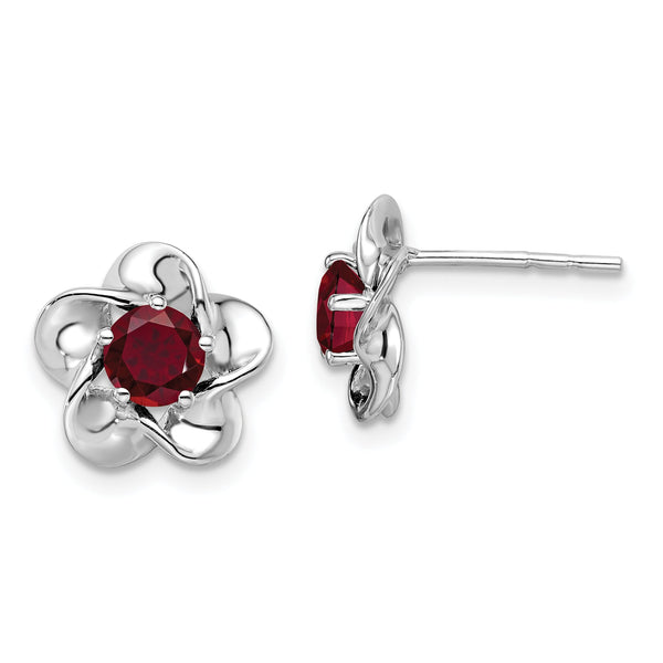 Sterling Silver Rhodium-Plated Ruby Floral Earrings Polished, Lightweight Design