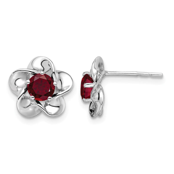 Sterling Silver Rhodium-Plated Ruby Floral Earrings Polished, Lightweight Design - Birthstone Company