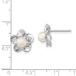 Sterling Silver Rhodium-Plated Pearl Earrings with Floral Design Polished Finish