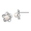 Sterling Silver Rhodium-Plated Pearl Earrings with Floral Design Polished Finish
