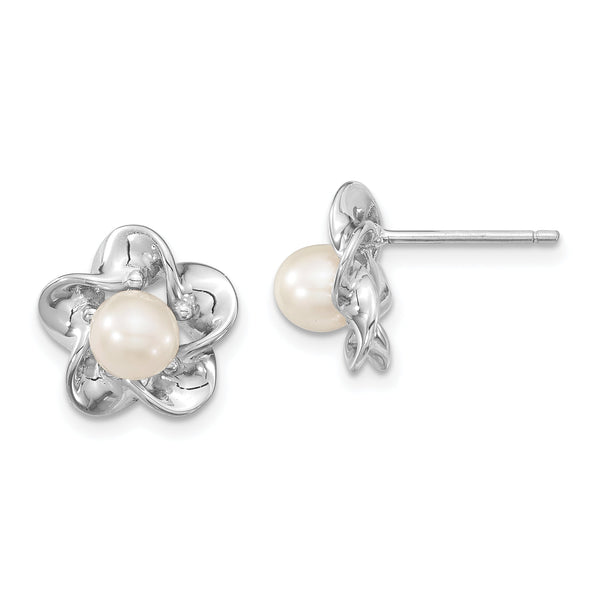 Sterling Silver Rhodium-Plated Pearl Earrings with Floral Design Polished Finish
