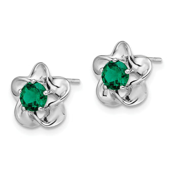 Sterling Silver Rhodium-Plated Emerald Floral Earrings Elegant Birthstone Design - Birthstone Company