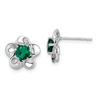 Sterling Silver Rhodium-Plated Emerald Floral Earrings Elegant Birthstone Design