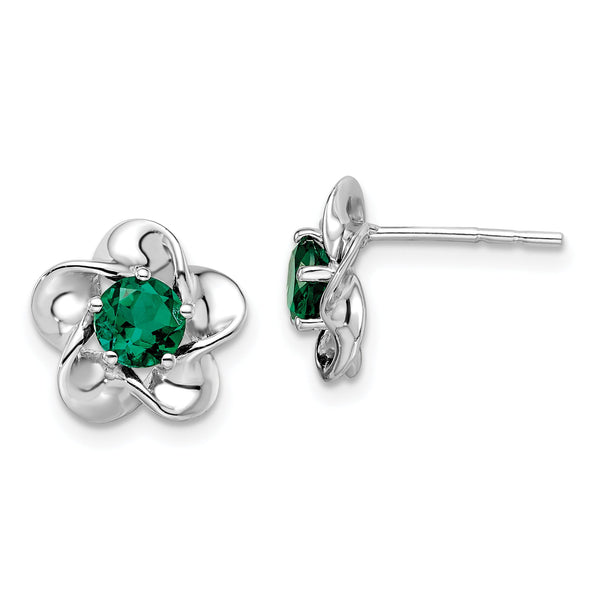 Sterling Silver Rhodium-Plated Emerald Floral Earrings Elegant Birthstone Design