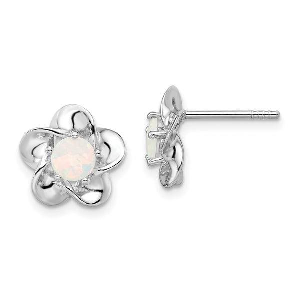 Sterling Silver Opal Button Earrings with Rhodium Plating Lightweight Floral Design
