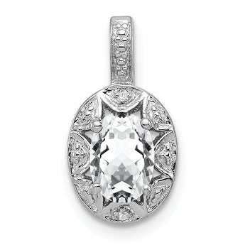 925 Sterling Silver Rhodium-Plated Oval White Topaz and Diamond Pendant