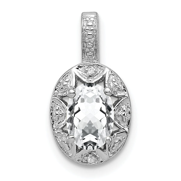 925 Sterling Silver Rhodium-Plated Oval White Topaz and Diamond Pendant