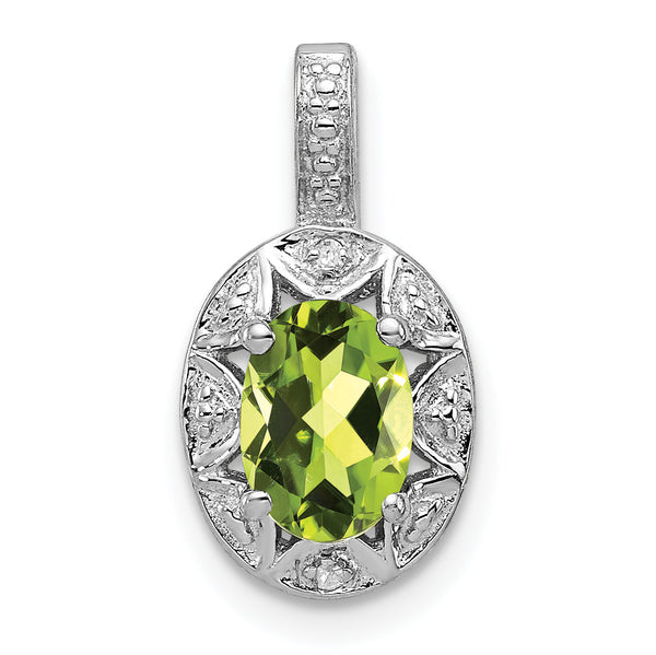 Sterling Silver Rhodium-Plated Peridot and Diamond Pendant Polished Oval Design
