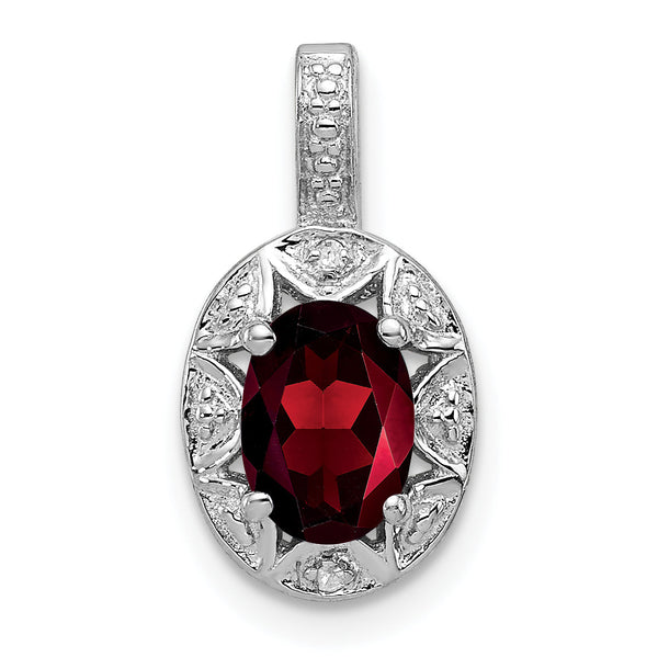 Sterling Silver 925 Garnet & Diamond Pendant with Polished Rhodium Finish
