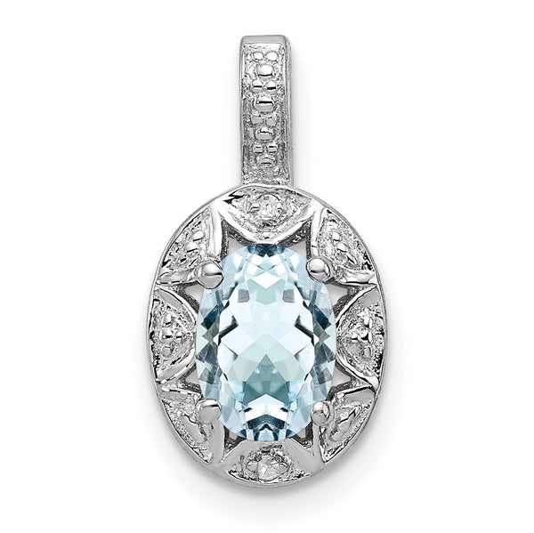 925 Sterling Silver Aquamarine & Diamond Pendant with Rhodium Finish
