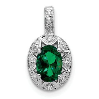 Sterling Silver Rhodium-Plated Oval Emerald & Diamond Pendant
