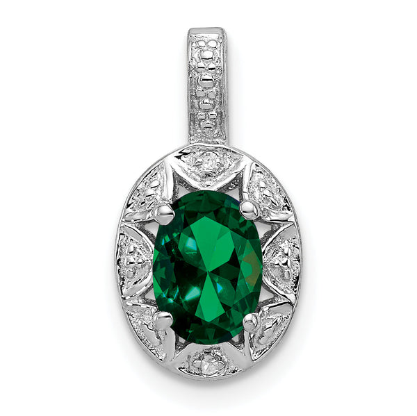 Sterling Silver Rhodium-Plated Oval Emerald & Diamond Pendant