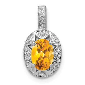 Sterling Silver 925 Rhodium-Plated Citrine and Diamond Pendant Elegant November Birthstone