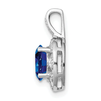 Sterling Silver Rhodium-Plated Sapphire and Diamond Pendant Polished Oval Design