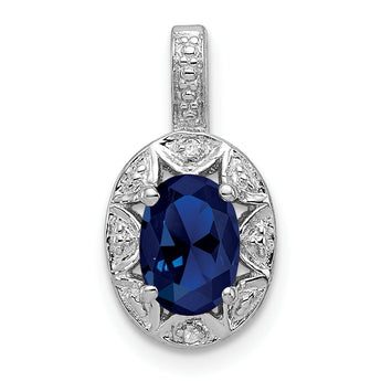 Sterling Silver Rhodium-Plated Sapphire and Diamond Pendant Polished Oval Design