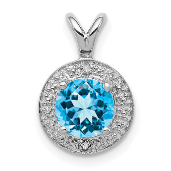 925 Sterling Silver Polished Blue Topaz & Diamond Pendant with Rhodium Finish