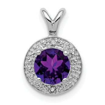 925 Sterling Silver Rhodium-Plated Amethyst & Diamond Pendant Polished Finish