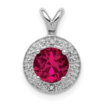 Sterling Silver Rhodium-Plated Ruby and Diamond Halo Pendant Elegant July Birthstone