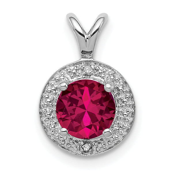 Sterling Silver Rhodium-Plated Ruby and Diamond Halo Pendant Elegant July Birthstone