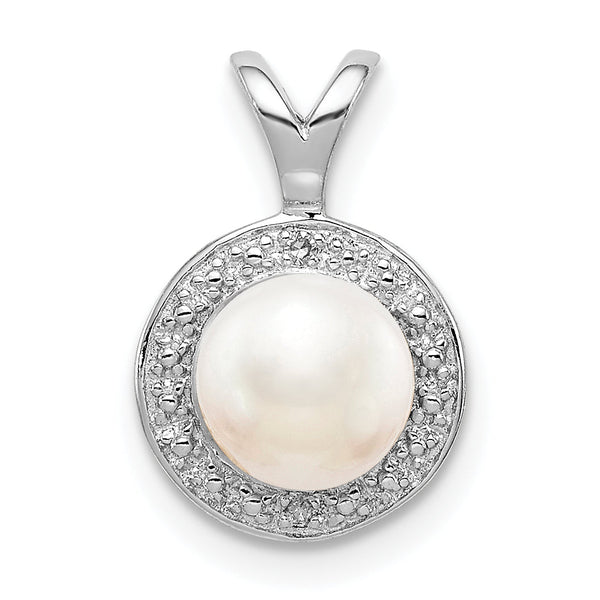 Sterling Silver & Pearl Pendant with Diamonds Polished & Rhodium-Plated