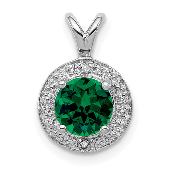 Sterling Silver Emerald & Diamond Rhodium-Plated Pendant Elegant May Birthstone Design