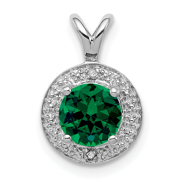 Sterling Silver Emerald & Diamond Rhodium-Plated Pendant Elegant May Birthstone Design