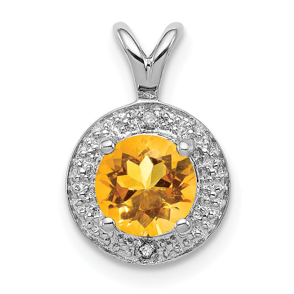Sterling Silver 925 Rhodium-Plated Citrine & Diamond Pendant Polished Elegant Birthstone Design