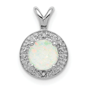 Sterling Silver Opal & Diamond Pendant with Rhodium Finish Elegant Birthstone Design