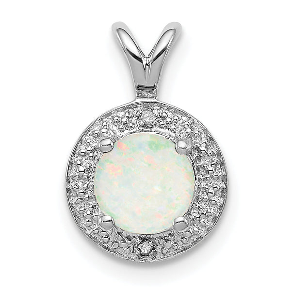 Sterling Silver Opal & Diamond Pendant with Rhodium Finish Elegant Birthstone Design