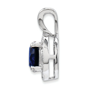 Sterling Silver Rhodium-Plated Sapphire & Diamond Pendant Polished, Elegant September Birthstone