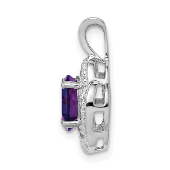 Sterling Silver 925 Amethyst & Diamond Pendant Rhodium-Plated Polished Oval Birthstone