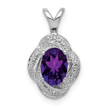 Sterling Silver 925 Amethyst & Diamond Pendant Rhodium-Plated Polished Oval Birthstone