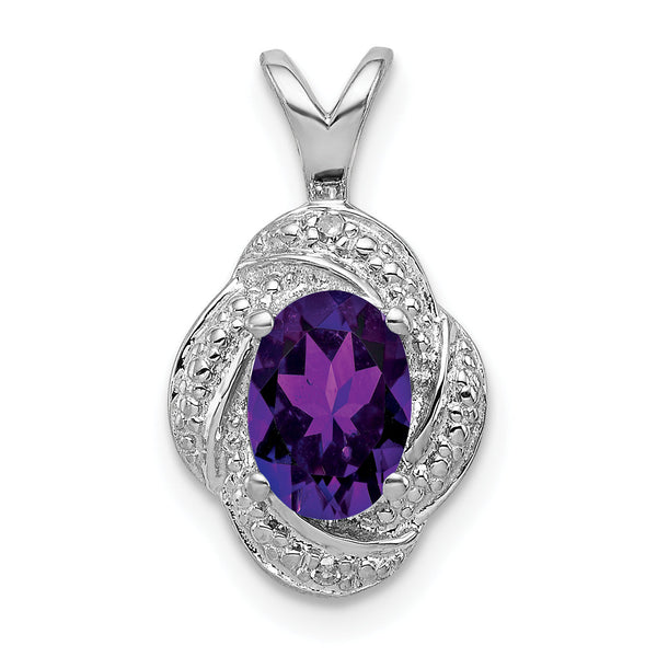 Sterling Silver 925 Amethyst & Diamond Pendant Rhodium-Plated Polished Oval Birthstone