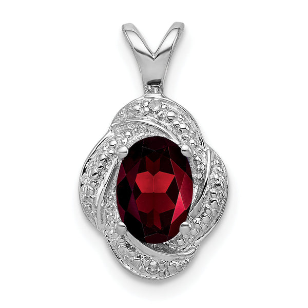 Sterling Silver 925 Garnet & Diamond Pendant with Rhodium-Plated Polished Finish