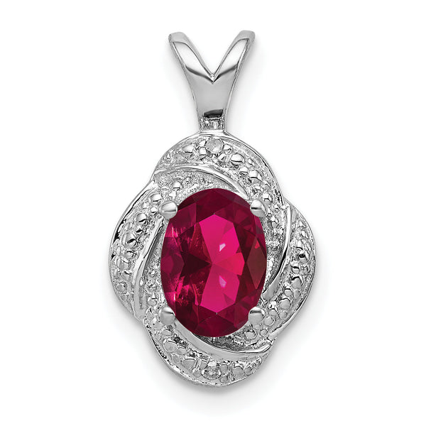 Sterling Silver 925 Polished Ruby and Diamond Pendant with Rhodium Plating