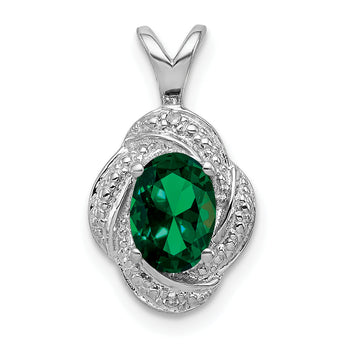 Sterling Silver Rhodium-Plated Oval Emerald & Diamond Pendant Polished Finish