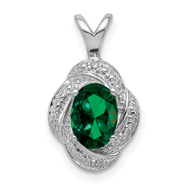 Sterling Silver Rhodium-Plated Oval Emerald & Diamond Pendant Polished Finish