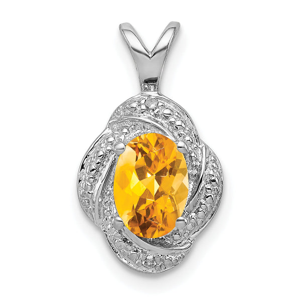 Sterling Silver Citrine & Diamond Pendant with Rhodium Finish Polished Oval Design