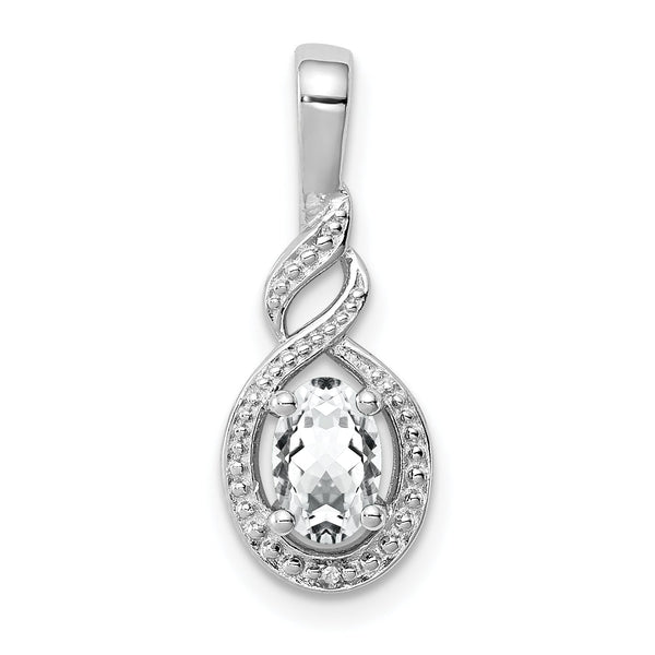 Sterling Silver Rhodium-Plated White Topaz & Diamond Oval Pendant