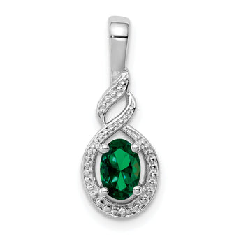 Sterling Silver Rhodium-Plated Emerald & Diamond Pendant Elegant May Birthstone Charm