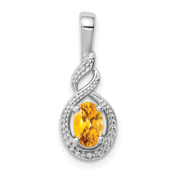 Sterling Silver Rhodium-Plated Citrine & Diamond Pendant November Birthstone Elegance