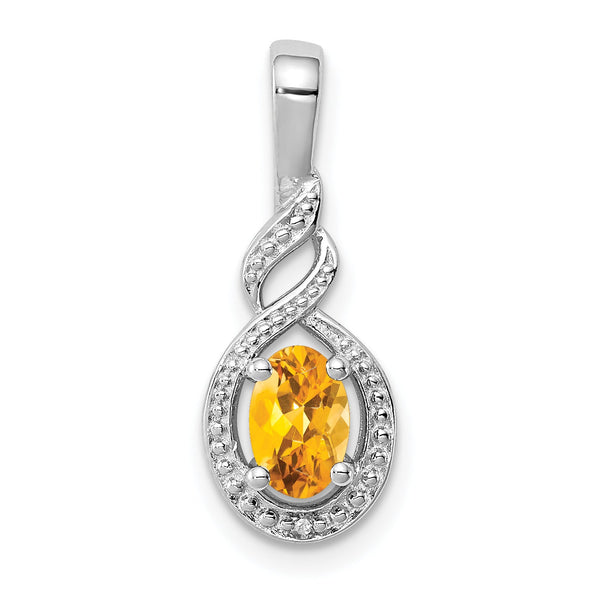 Sterling Silver Rhodium-Plated Citrine & Diamond Pendant November Birthstone Elegance