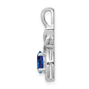 Sterling Silver Rhodium-Plated Sapphire & Diamond Pendant Elegant Prong Set Oval Design