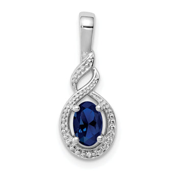 Sterling Silver Rhodium-Plated Sapphire & Diamond Pendant Elegant Prong Set Oval Design